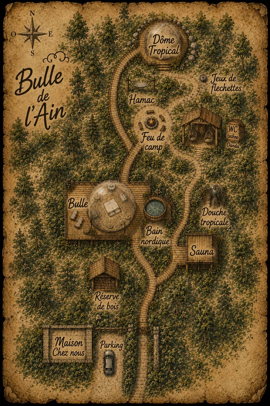 Plan illustré du domaine de la Bulle de l'Ain avec tous ses espaces