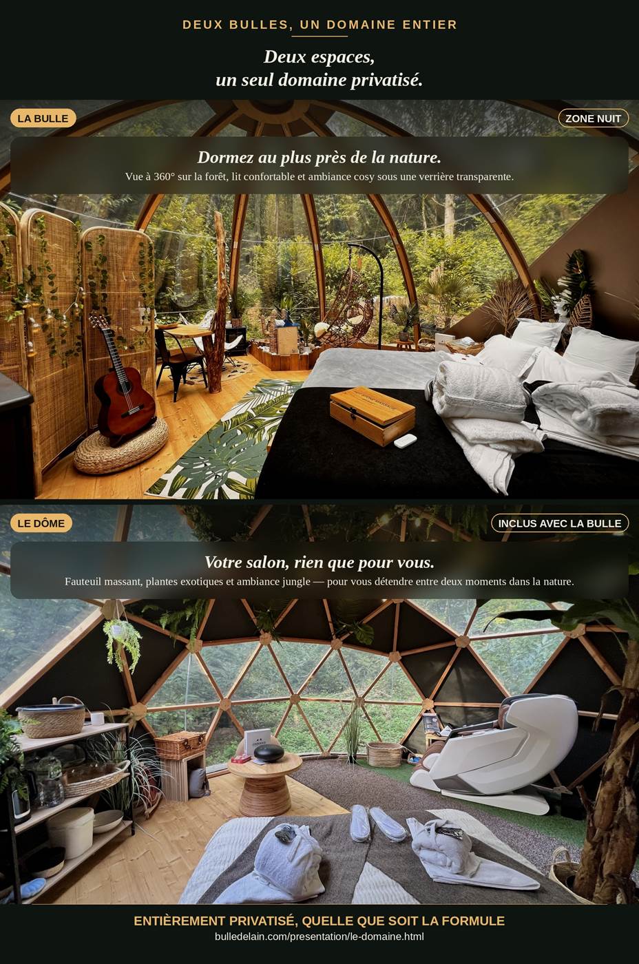 Intérieur de la bulle transparente et du dôme tropical, deux espaces inclus dans votre séjour