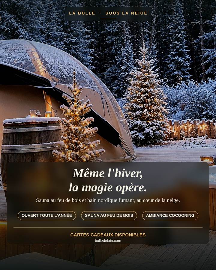 La bulle transparente sous la neige, décorée pour l'hiver
