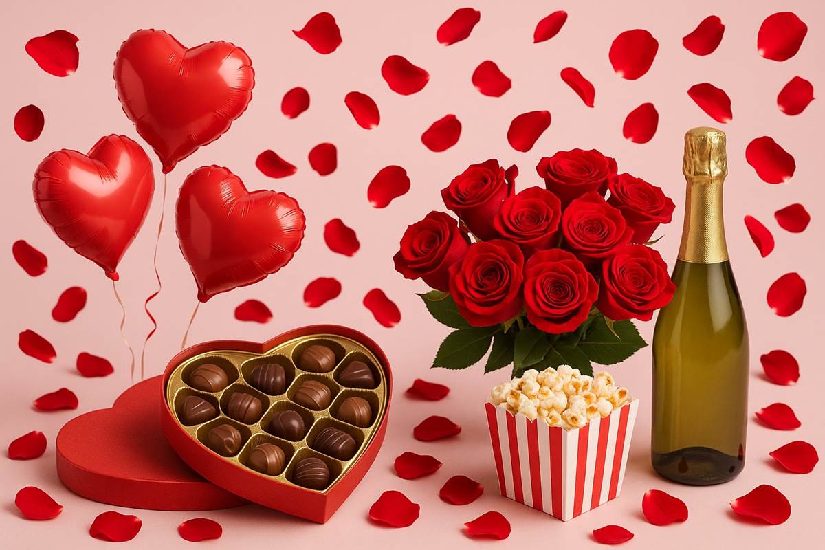 Pack lover en option à 98€ avec pétales, ballons, vin pétillant, chocolats, pop corn et bouquet-gallery
