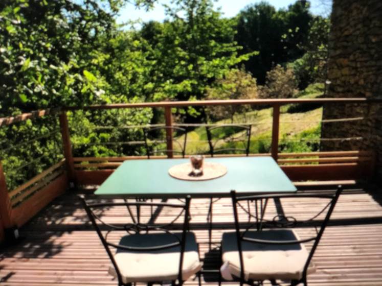 La terrasse en hauteur avec vue sur la campagne et nos chevaux