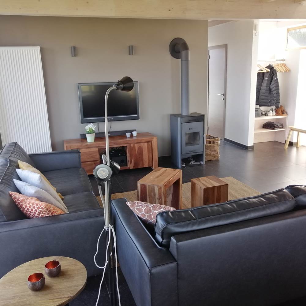 salon avec TV et poêle à bois-presta
