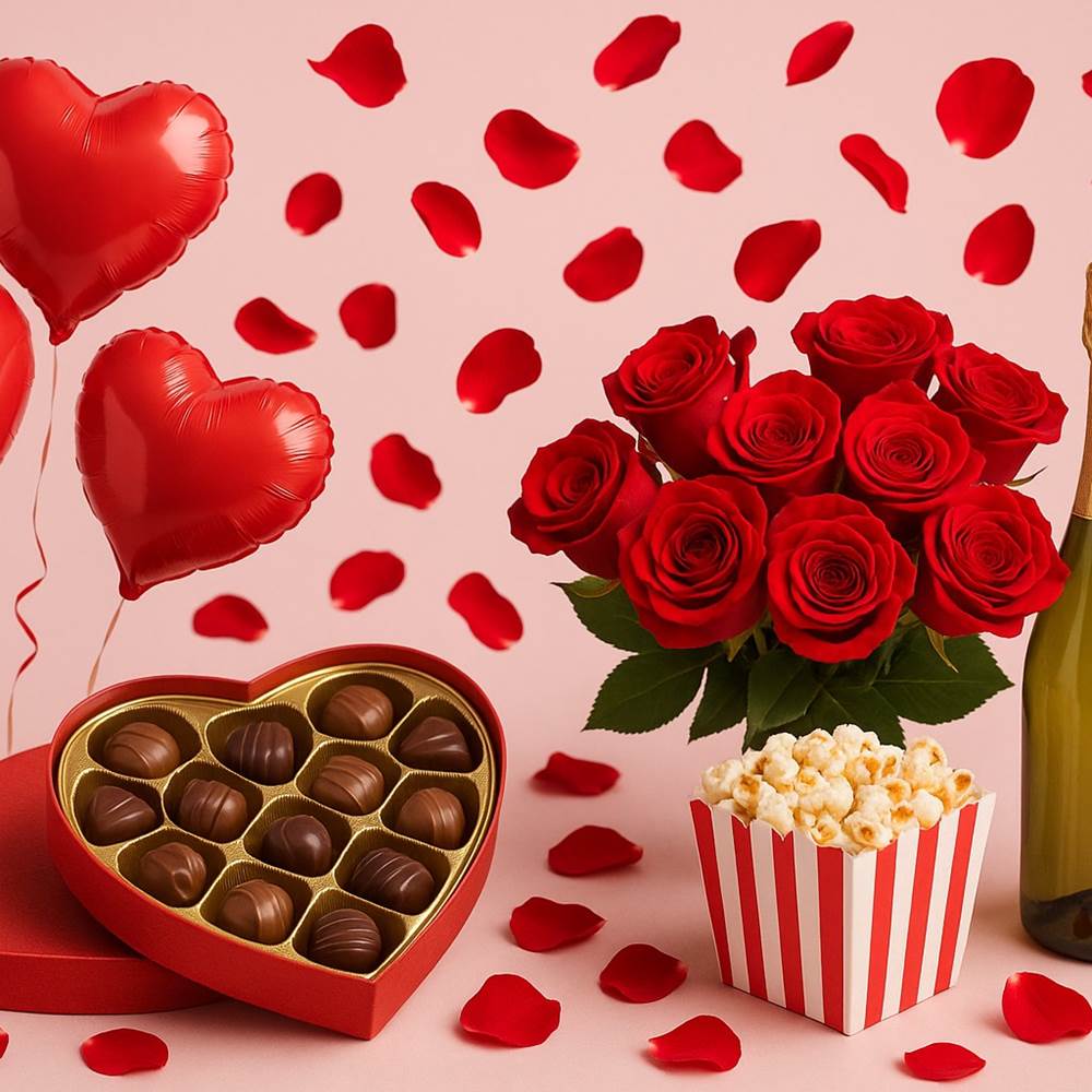 Packe Lover avec pétales ballons vin pétillant chocolats pop corn bouquet