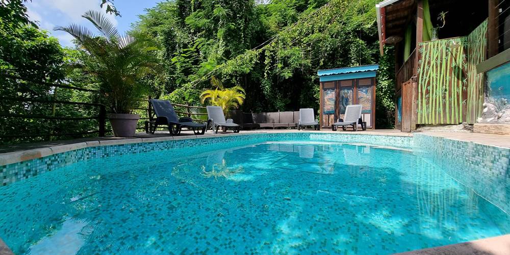 vue piscine avec cabin à toilette et douche