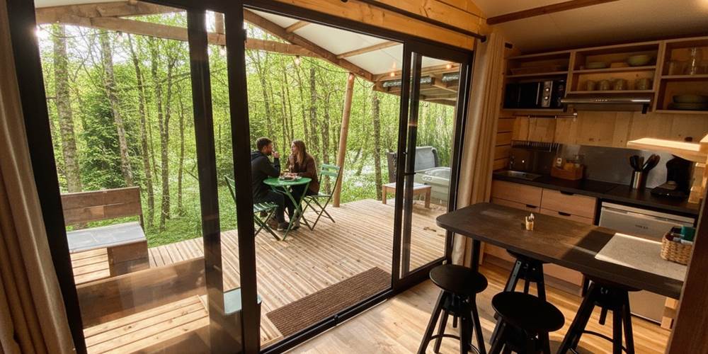 Grande baie vitrée donnant sur la terrasse couverte