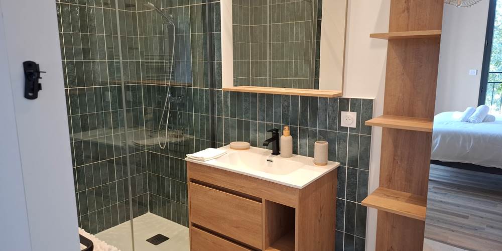 Salle de bain privative de la suite parentale du gîte Le Pressoir à Montblanc, douche et rangements.