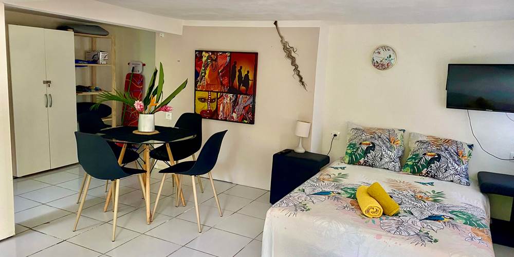 Vue du séjour avec canapé en version lit (140 x 190)