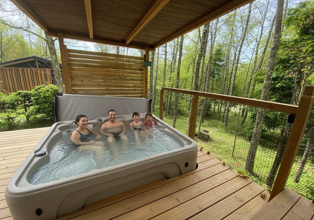 Spa privatif chauffé à 38°C vue sur la Forêt