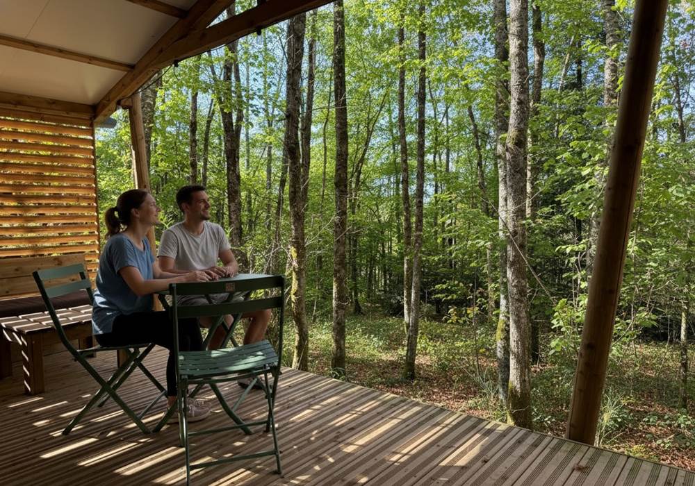 Grande terrasse couverte pour un repas face à la nature
