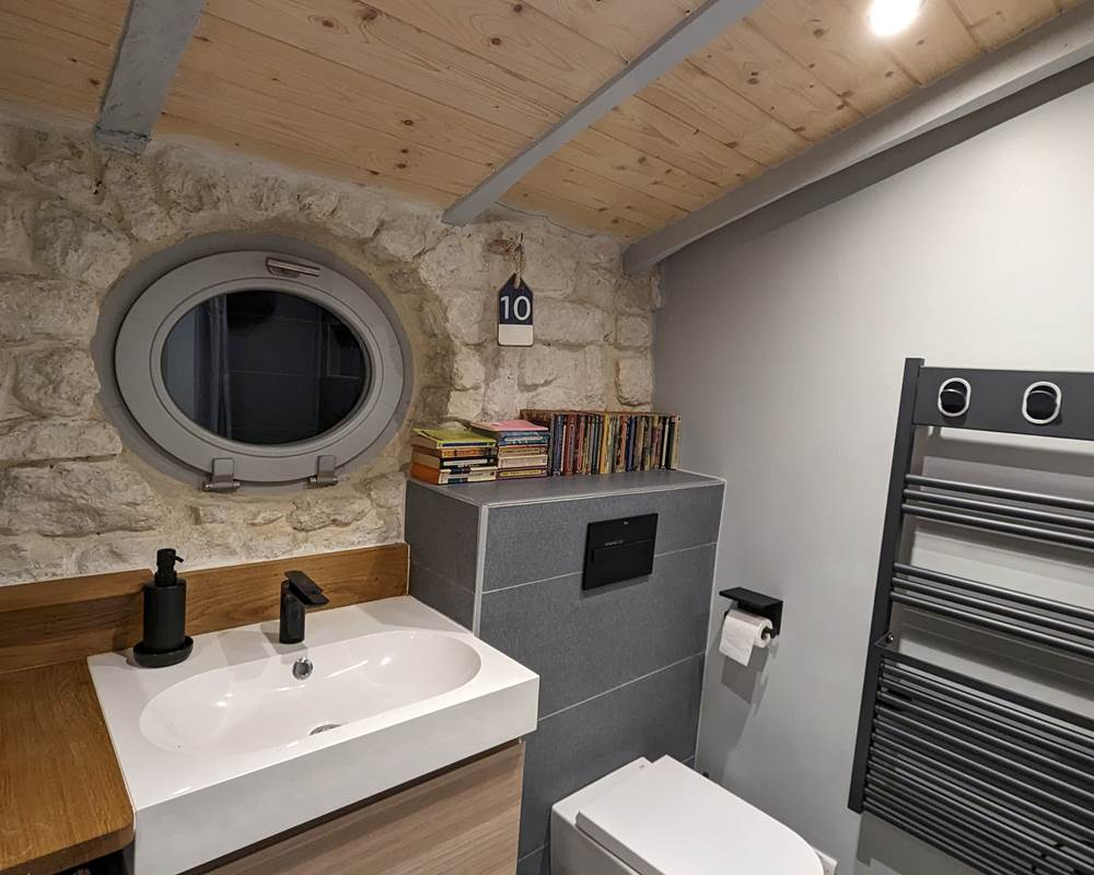 Salle de bain avec douche et toilettes