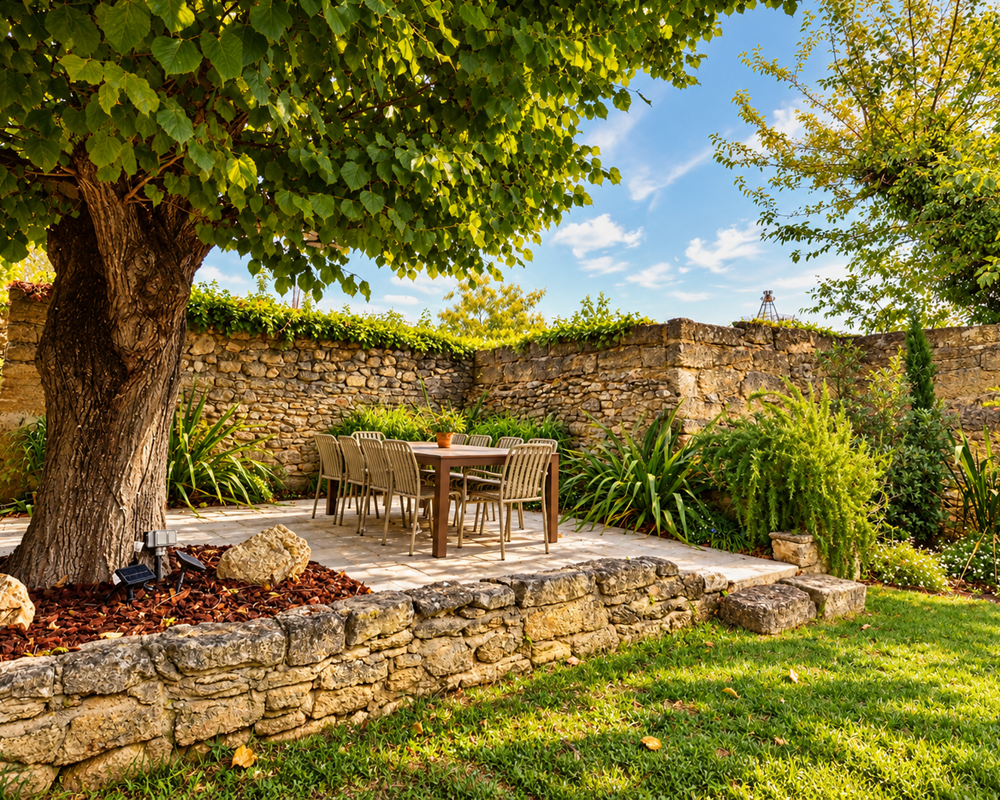 Terrasse ombragée sous un grand arbre