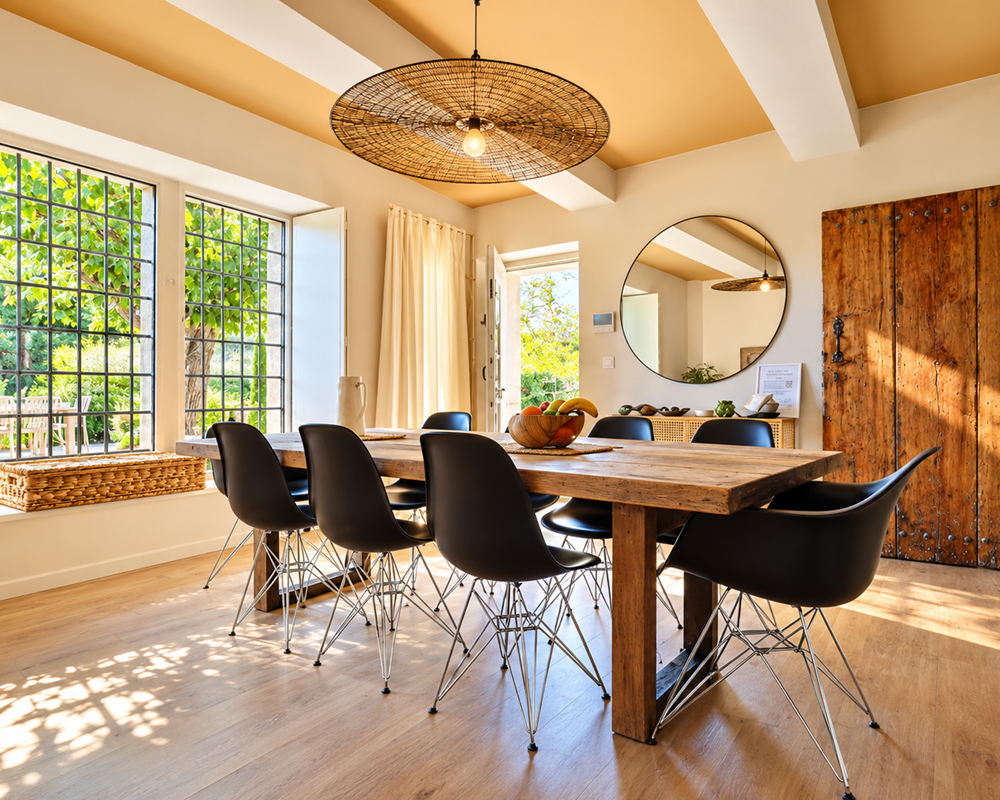 salle à manger avec accès direct au jardin et cuisine ouverte