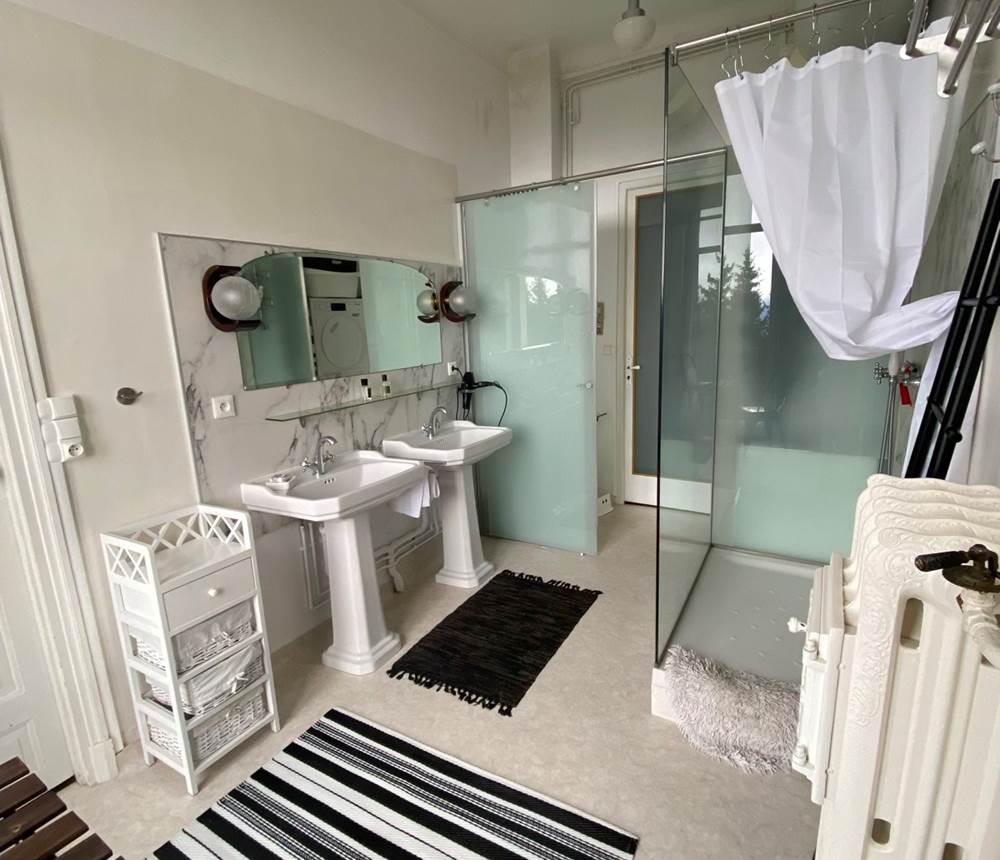 Salle d'eau très spacieuse, douche xl, wc et coin buanderie séparés