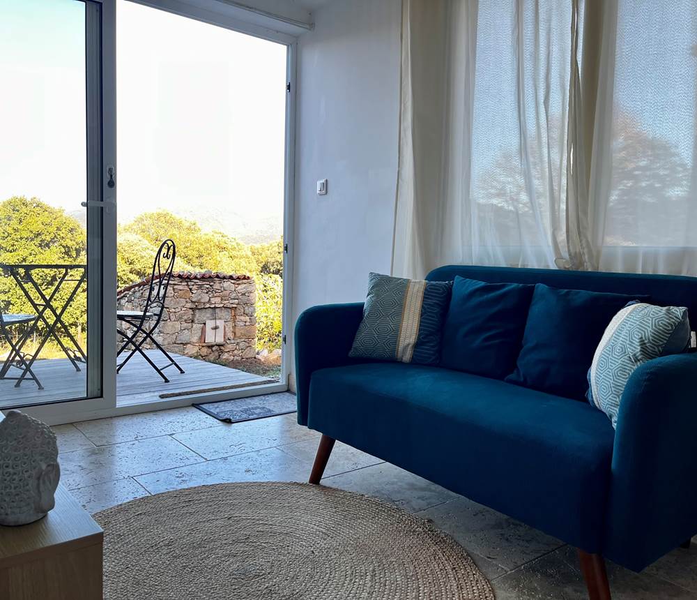 Salon lumineux au charme épuré, ouvrant sur la terrasse avec une belle vue nature.