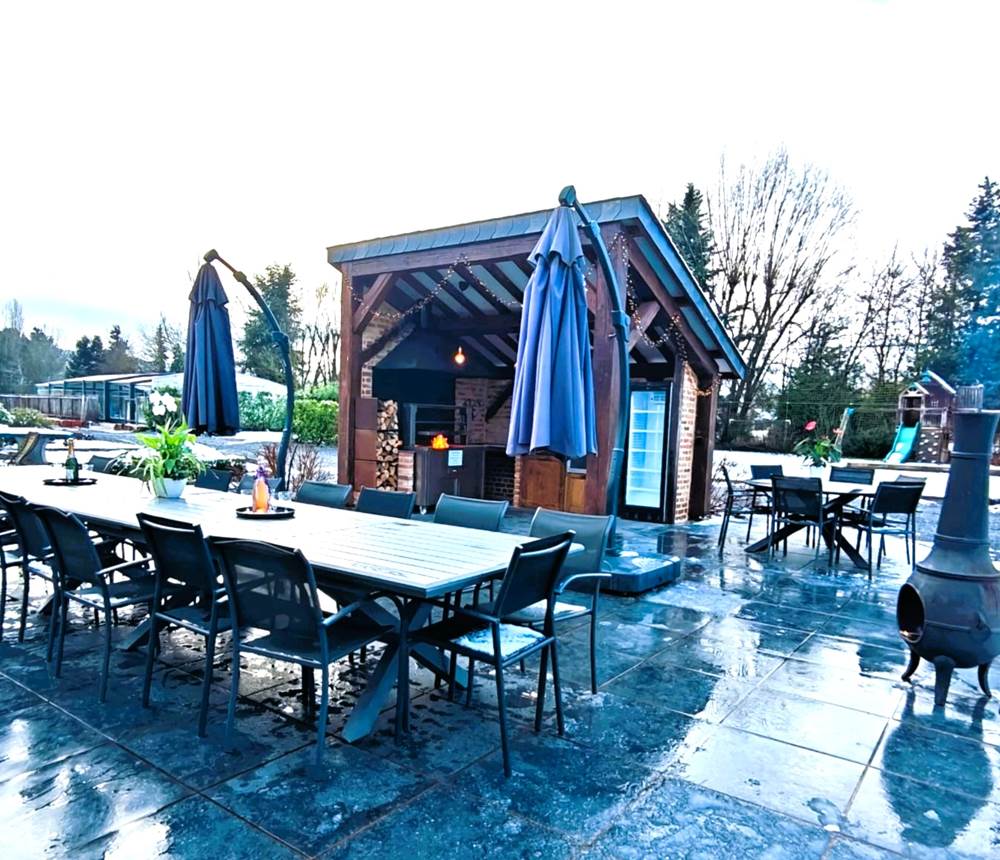Terrasse/ cuisine extérieure couverte, barbecue, évier, frigo