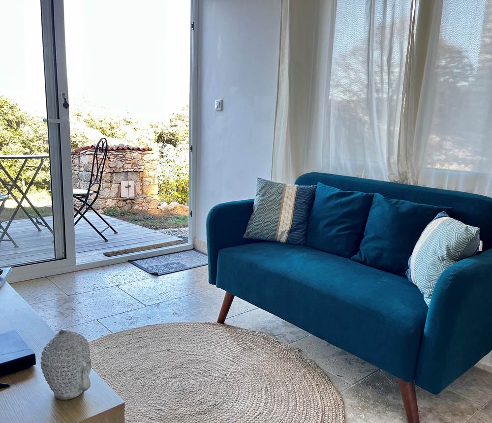 Salon lumineux avec accès à la terrasse, canapé confortable et vue sur le jardin — un espace idéal pour se détendre.