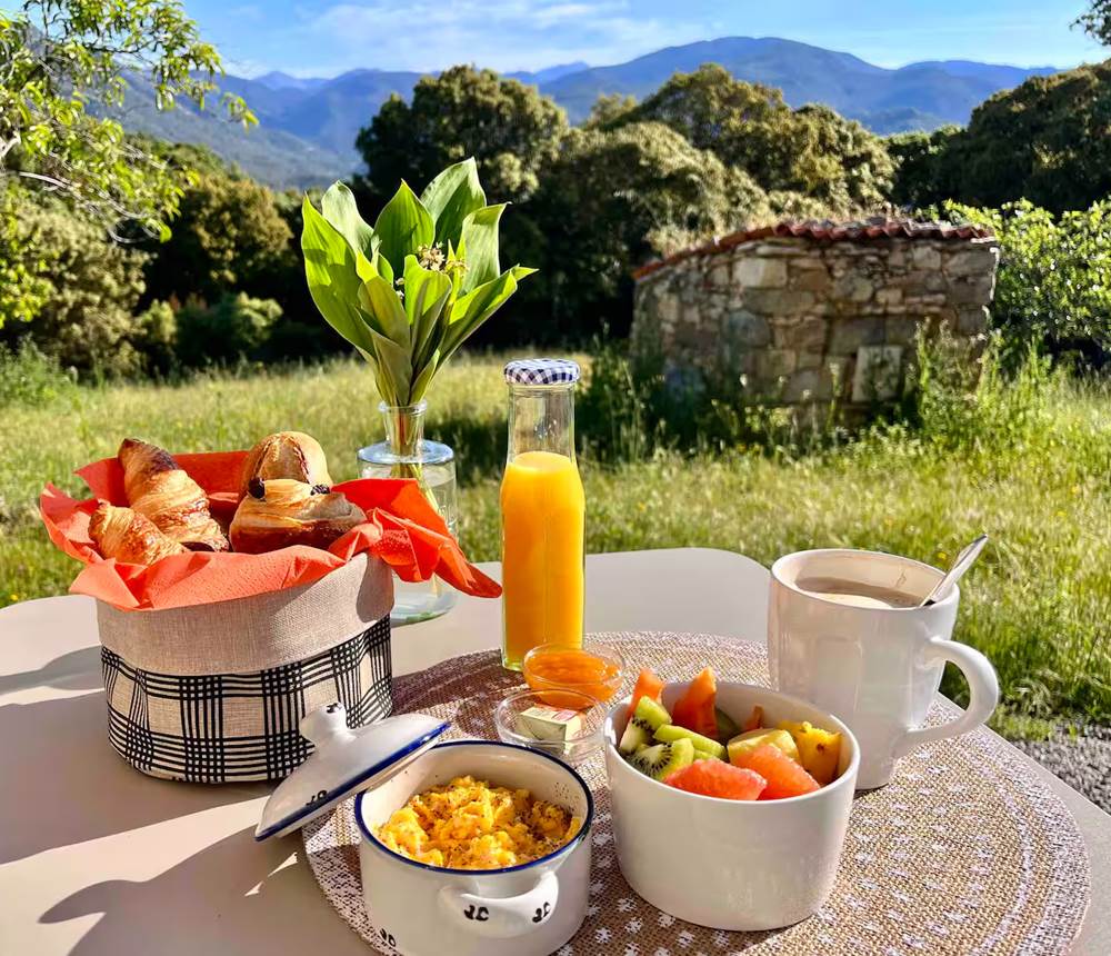 Petit-déjeuner en plein air avec vue sur la montagne