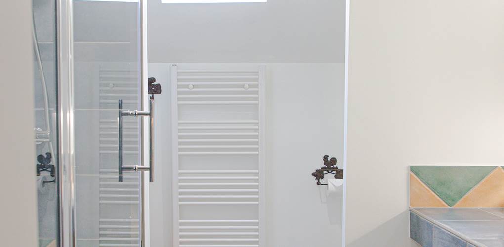 Salle de bains baignée de lumière naturelle grâce à sa fenêtre de toit, offrant un espace fonctionnel et aéré.