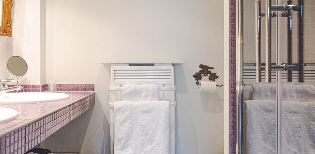 Une salle de bain au charme unique, avec une douche et deux vasques, habillée d'une mosaïque raffinée.