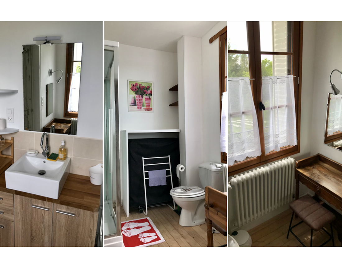 Chambre Candide - Salle de bain sous 3 angles - Douche, Lavabo, toilette, coiffeuse