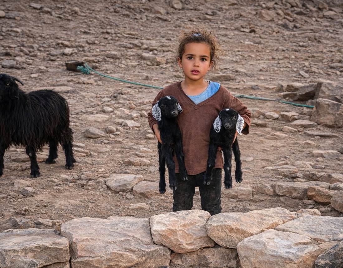 CPetite fille nomade ramenant ses chevreaux
