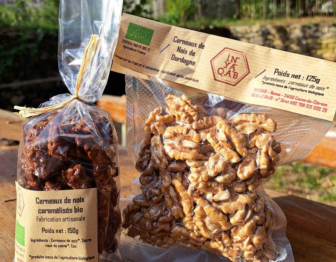 Cerneaux de noix nature ou caramélisés bio du verger INYAQAB Dordogne Périgord