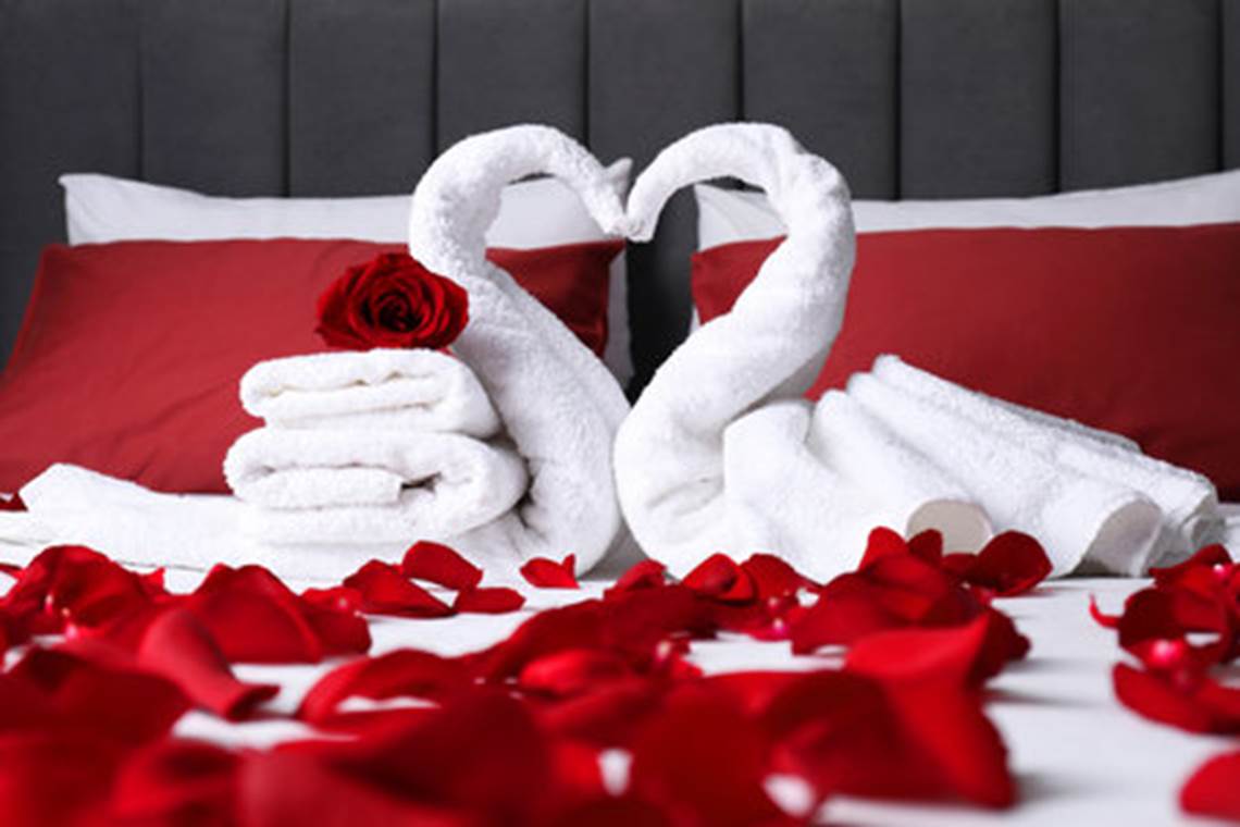 230242263-honeymoon-swans-made-with-towels-and-beautiful-rose-petals-on-bed