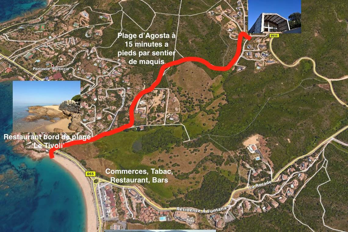 acces plage d 'Agosta et commerces à pieds ou par D555
