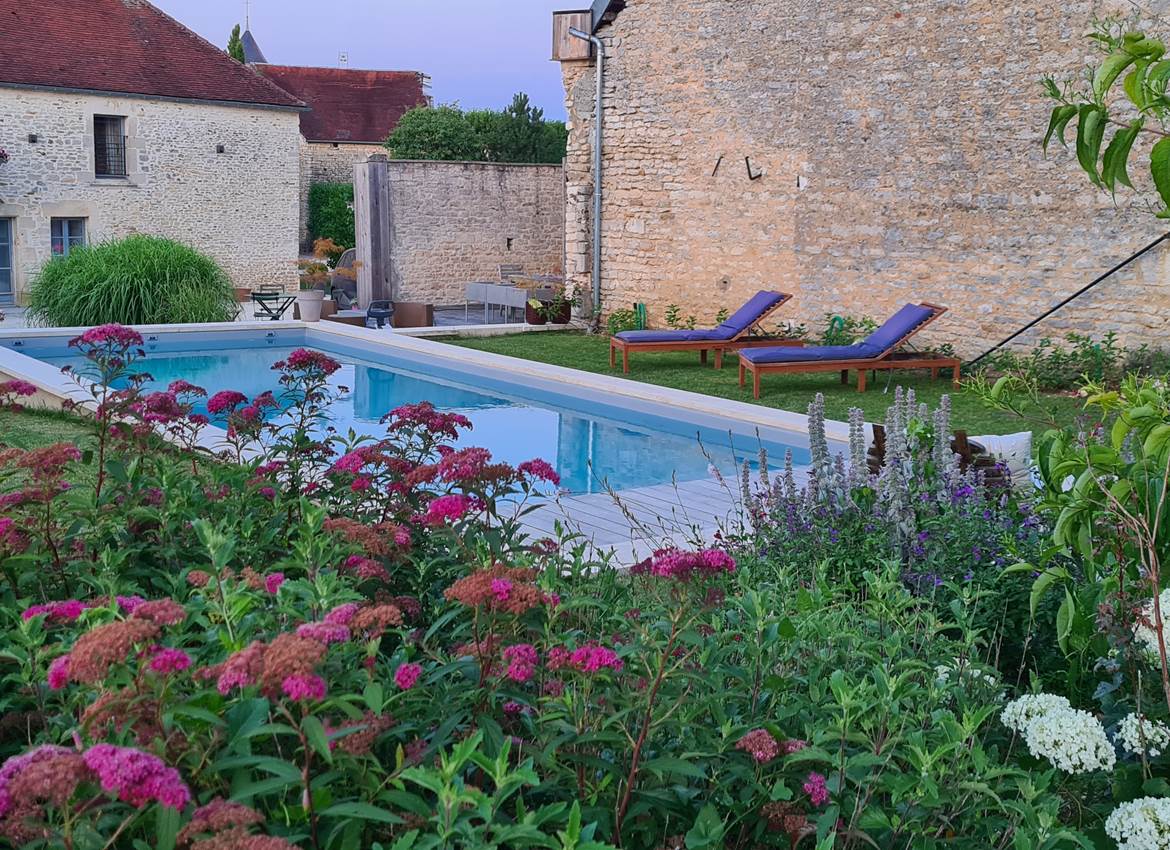 Vue jardin fleurs piscine