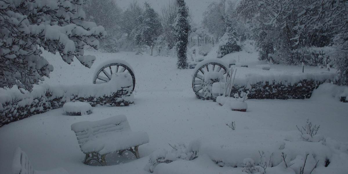 parc et jardins sous la neige au Ranch des Lacs