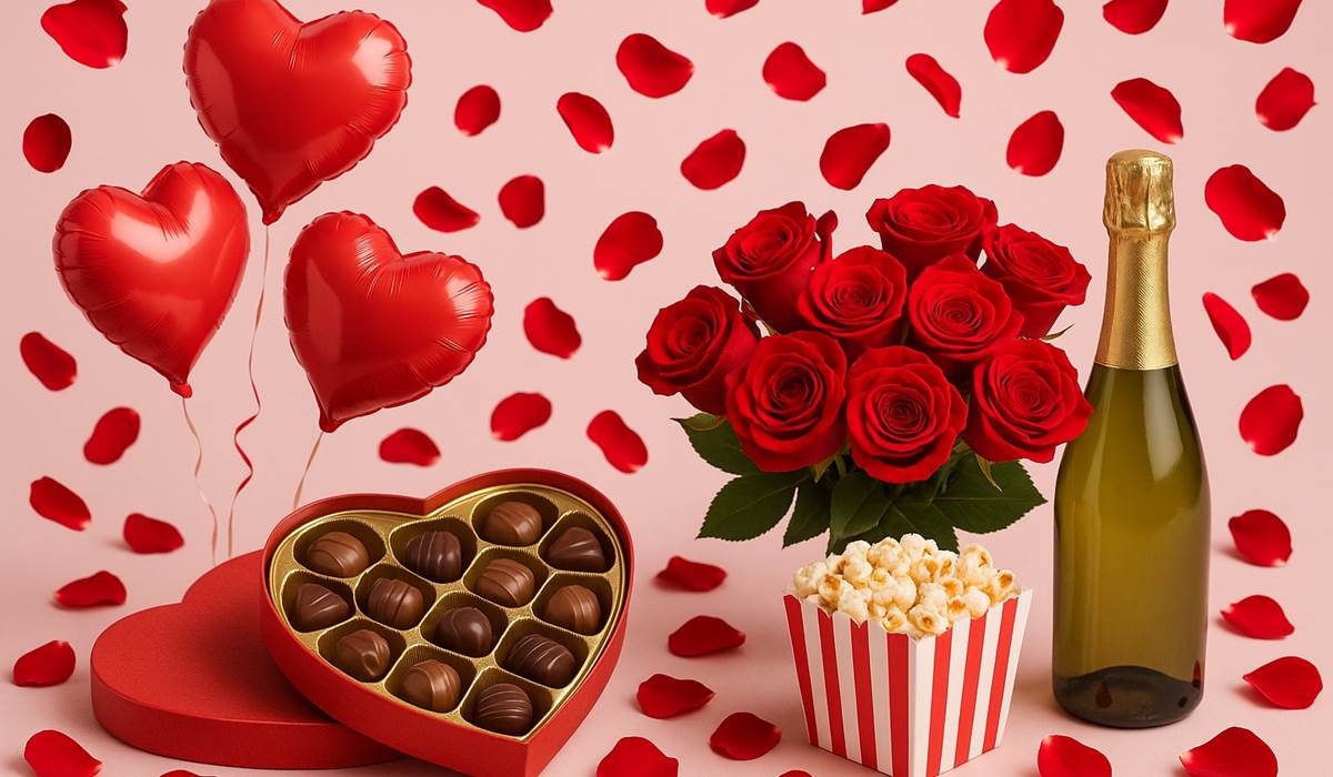 Pack lover en option à 98€ avec pétales, ballons, vin pétillant, chocolats, pop corn et bouquet