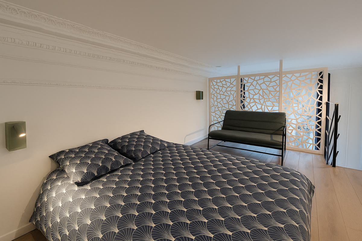 Chambre cocooning SK-PADE – Literie de qualité, ambiance bois et montagne, parfaite pour couple ou curiste.