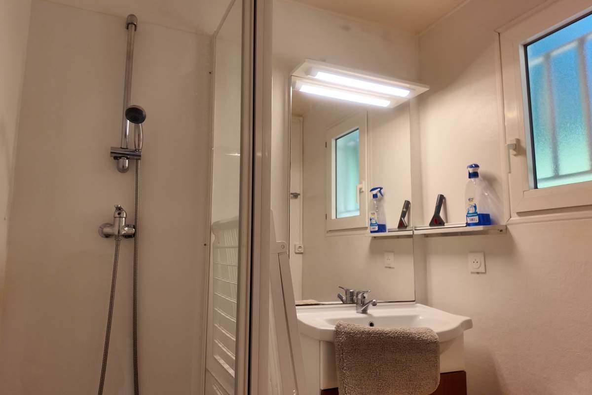 douche avec tapis de bain et raclette pour la paroi