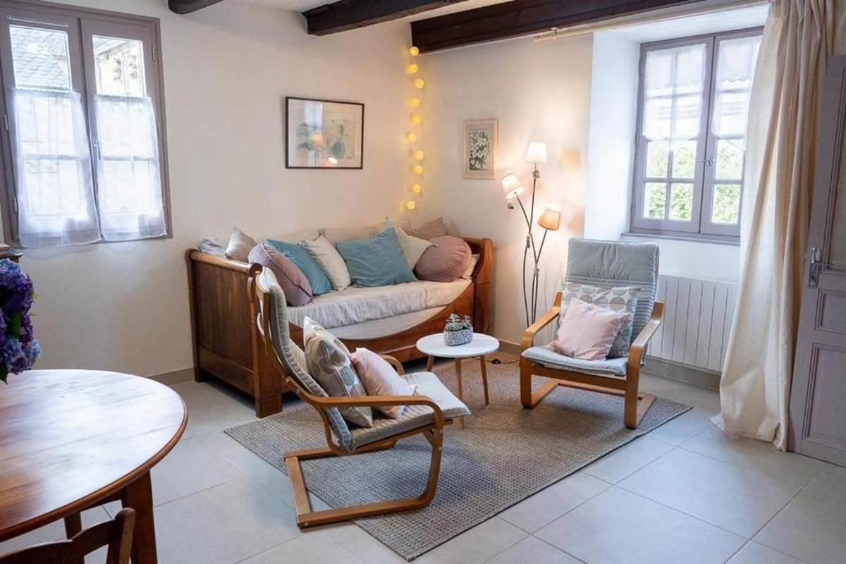 Gite : Salon Salle à manger cosy et cocooning avec possibilité d'un couchage supplémentaire pour 1 personne.