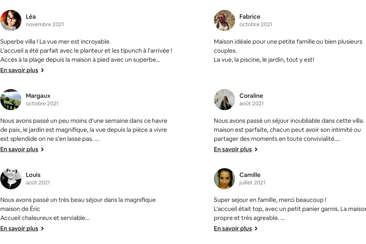 Commentaires clients via Airbnb