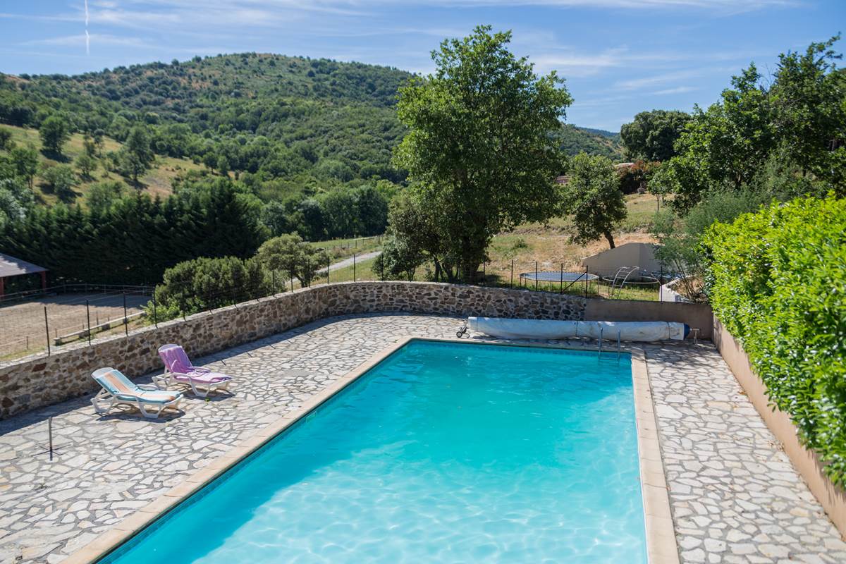 La piscine dans un cadre calme, avec transats et grande terrasse