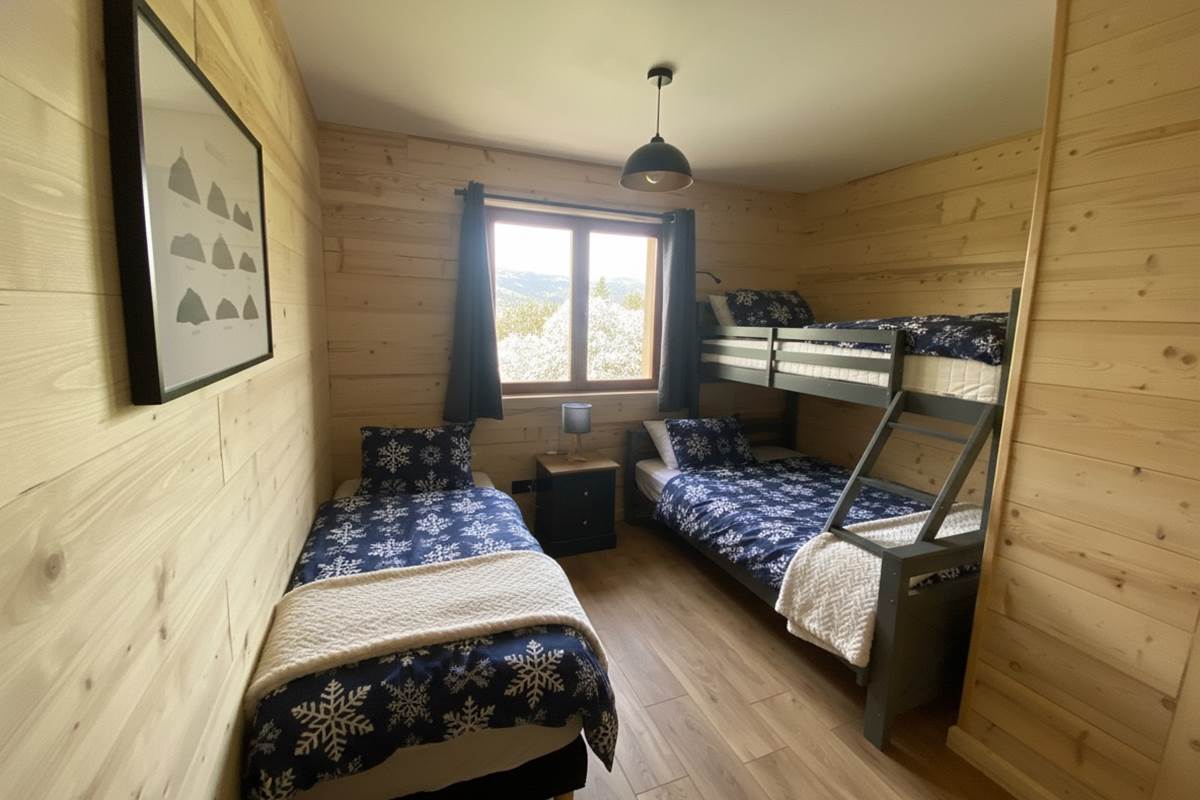 Chambre enfants avec un lit double, un lit simple et un lit à étage