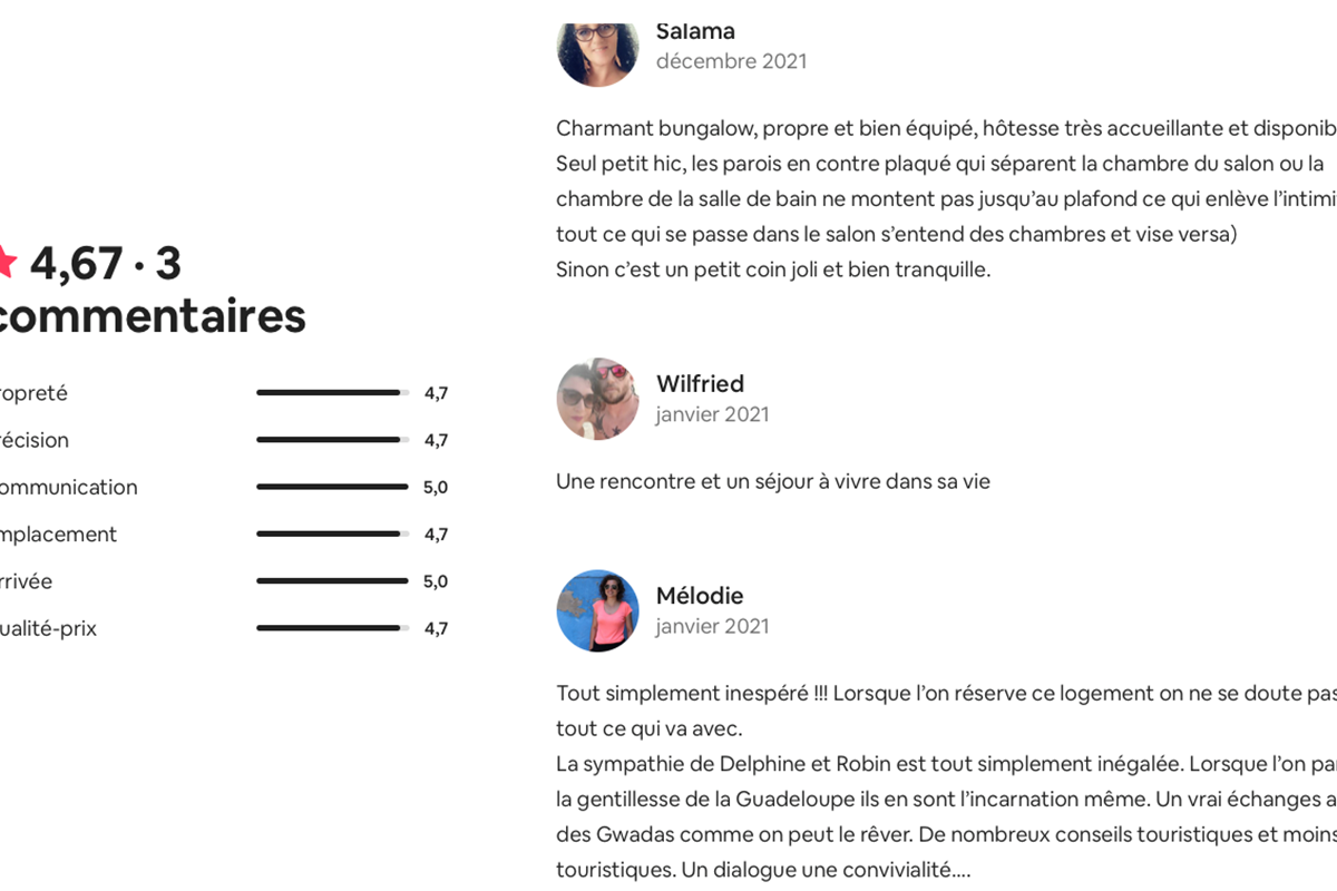 Commentaires clients via Airbnb