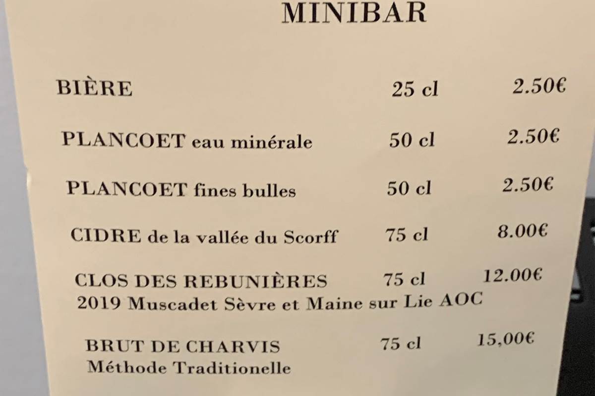 Minibar Prestige contenu  de l´hôtel de charme à Quimperlé