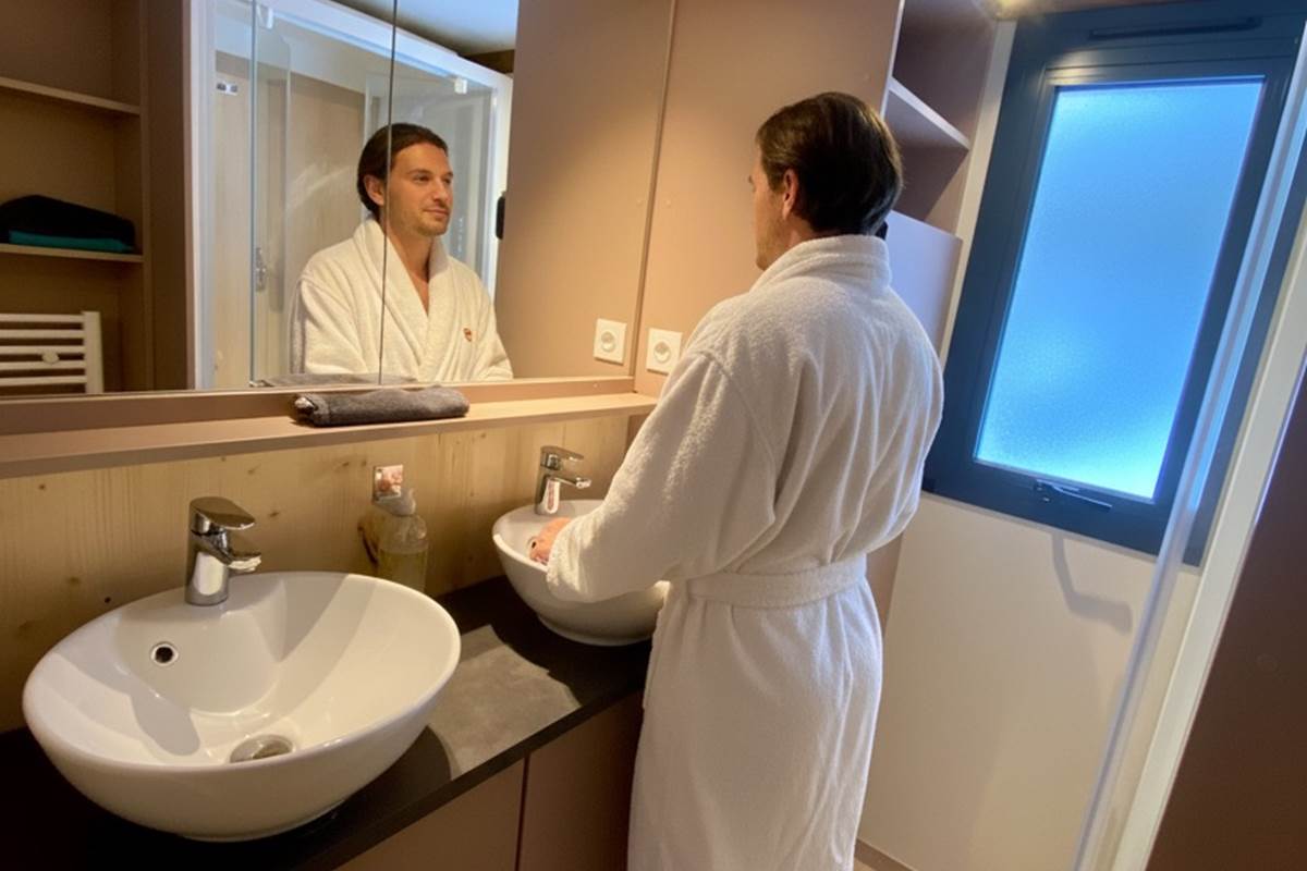Salle de bain avec douche à l'italienne et double vasque
