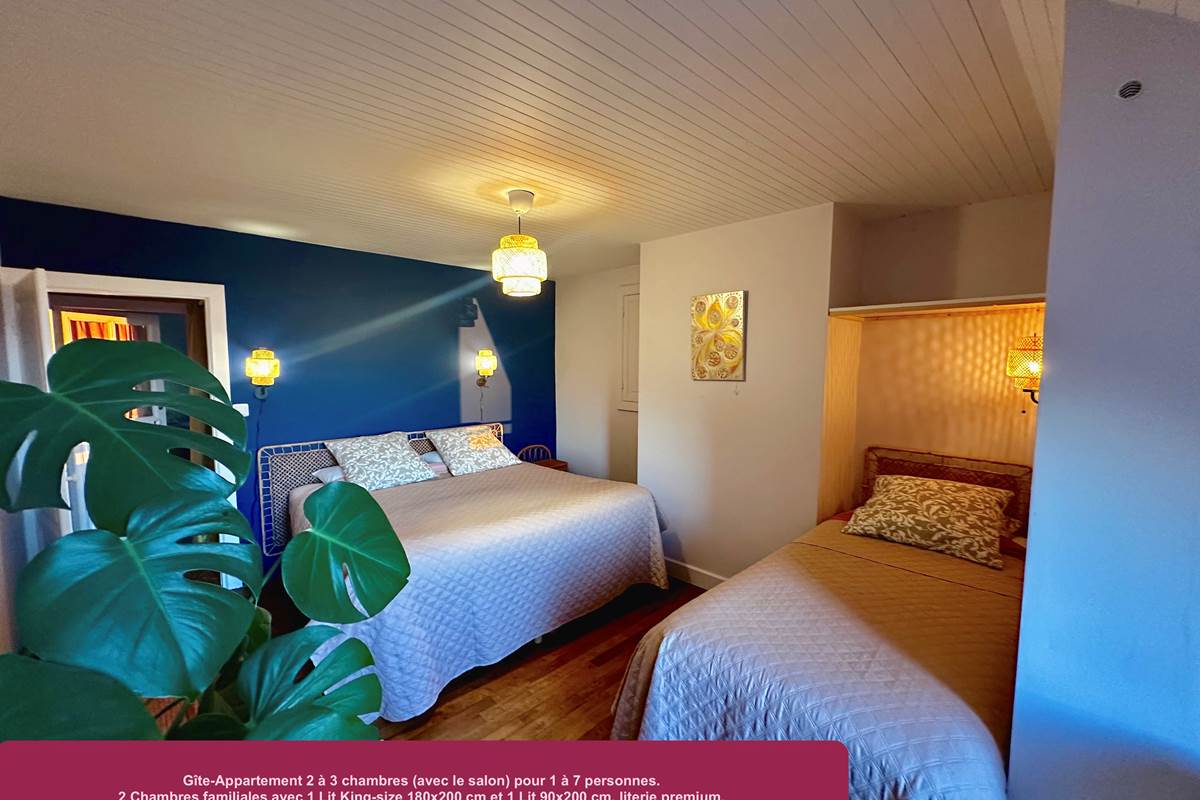 Chambre familiale Lit King-size 180x200 cm et Lit 90x200 cm. Vue sur les Montagnes et la Vallée des Cascades plein Ouest.