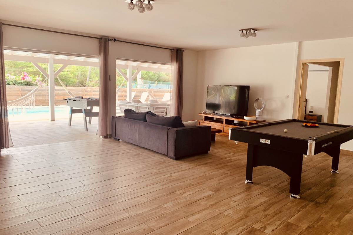 Salon avec billard ouvert sur l'extérieur