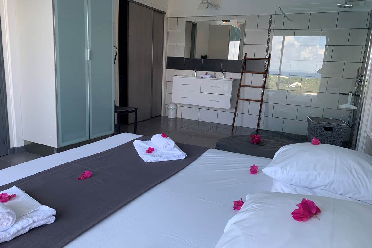 Chambre et sa salle de douche ouverte