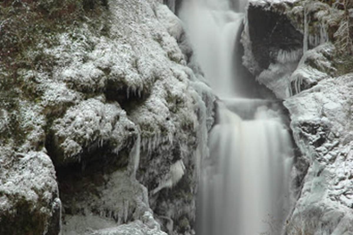 Cascade "Le grand Saut" en Hiver, 45 mètres da haut, dans le Parc situé au pied de nos Gîtes "Le Chant des Sources" à Gimel-les-Cascades.