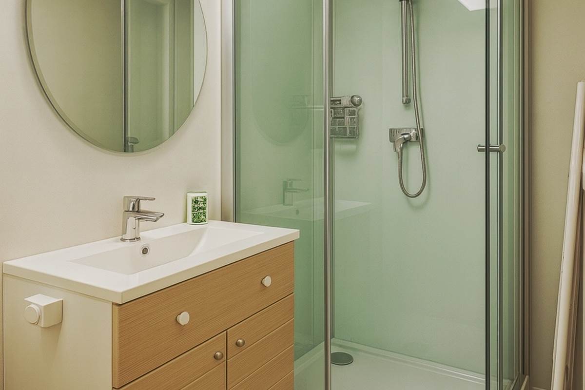 Salle de bain moderne SK-PADE – Douche à l’italienne et finitions soignées, idéale pour un séjour bien-être au Mont-Dore.