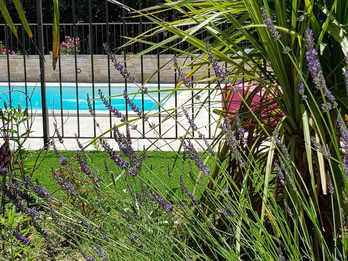 Vue piscine depuis le jardin méditerraneo-provençal du gîte Rires de Provence
