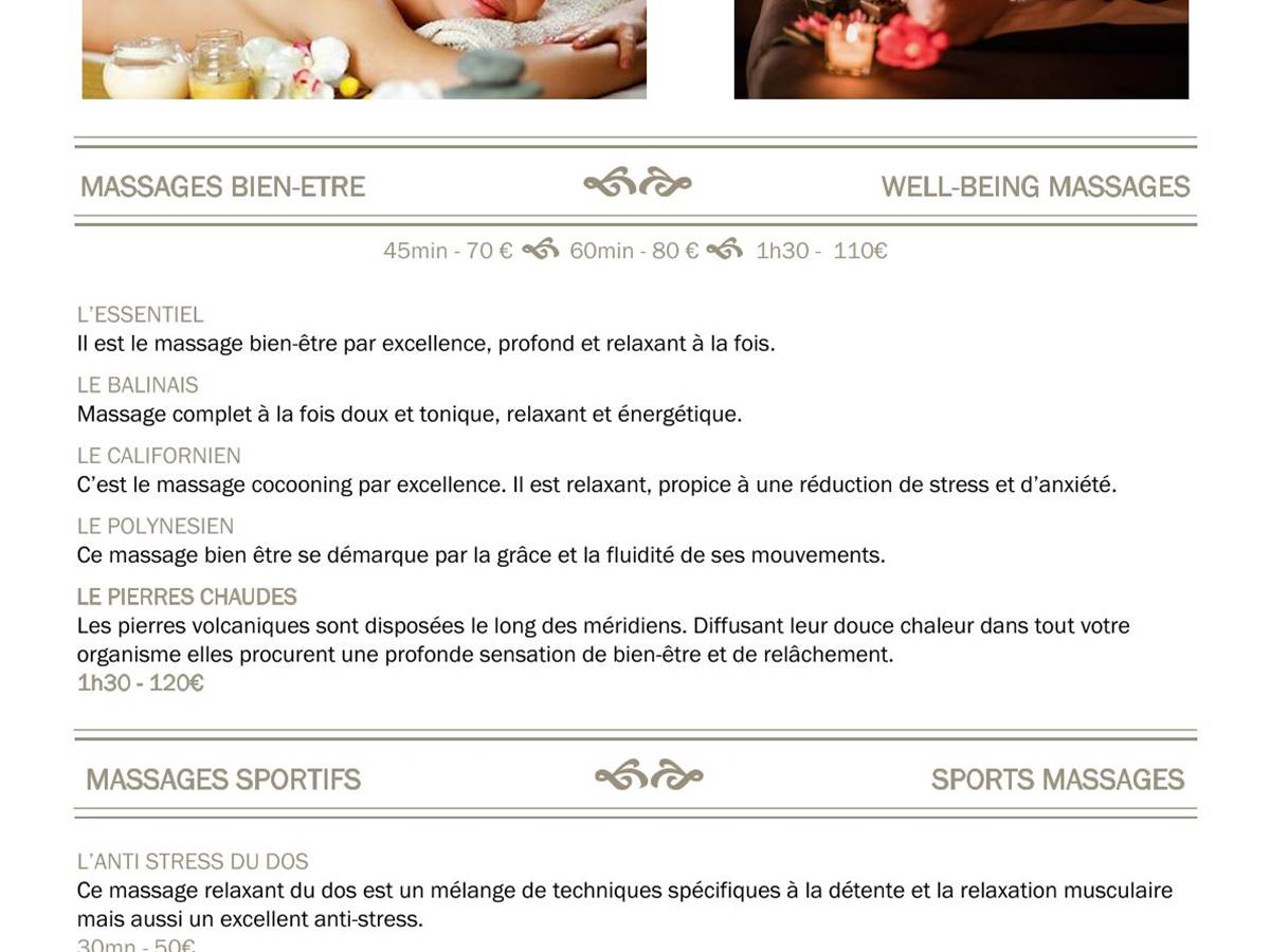 Carte des massages