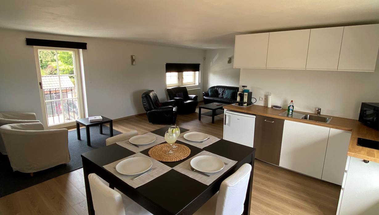 Appartement équipé d'une cuisine, d'un coin à manger, d'un salon télévision et d'un coin lecture