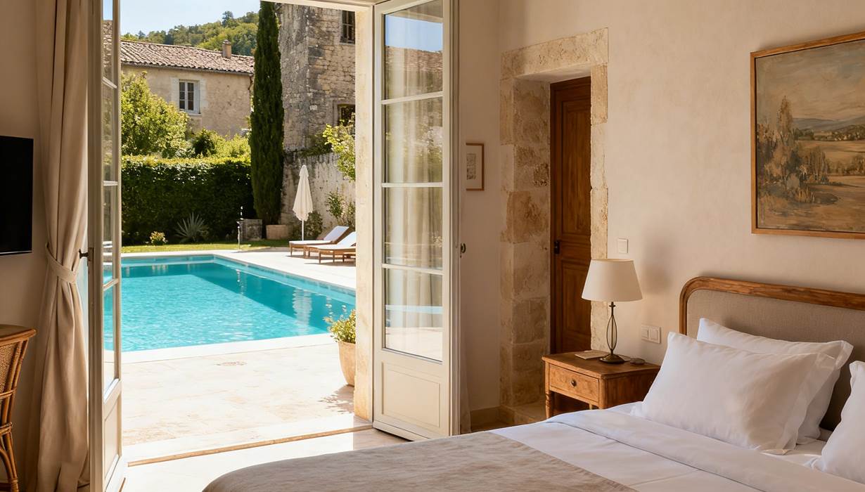 Belcastel chambre avec vue piscine