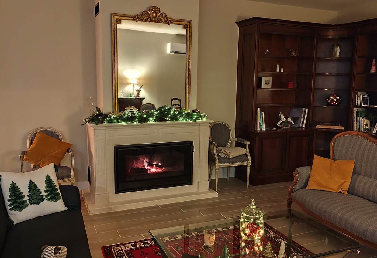 Salon dédié aux hôtes avec bibliothèque et jeux